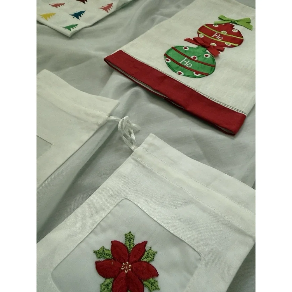 Lot of 6 NEW Christmas Linens Towels Gift Bags Embroidered Trees Poinsetta‎